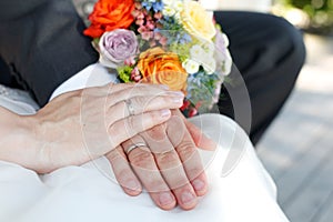 Closeup of newly wed couple hands