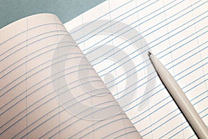 Closeup notepad and roll plastic pen with blank lined sheets white paper. Concept clear free space, copyspace, business book,