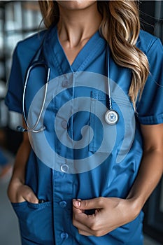 Closeup of a nurse in uniform carrying a stethoscope