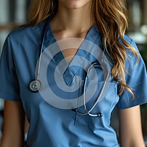 Closeup of a nurse in uniform carrying a stethoscope