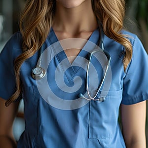 Closeup of a nurse in uniform carrying a stethoscope