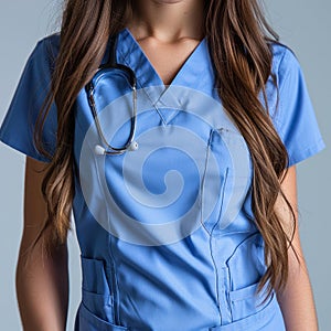Closeup of a nurse in uniform carrying a stethoscope