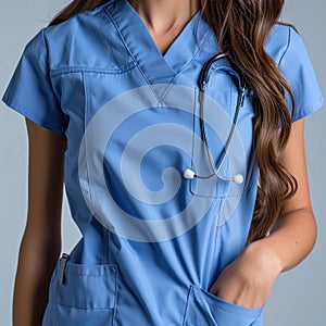 Closeup of a nurse in uniform carrying a stethoscope