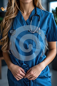 Closeup of a nurse in uniform carrying a stethoscope