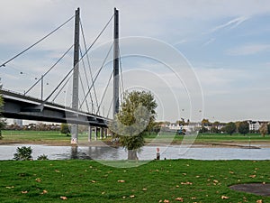 Closeup of the Oberkasseler Bridge over the Rhine river in Dusseldorf, Germany