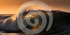 Closeup of ocean breaking waves. Sunset dawn crashing sea break wallpaper background.