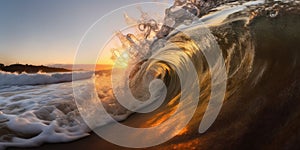 Closeup of ocean breaking waves. Sunset dawn crashing sea break wallpaper background.