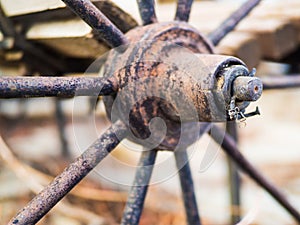 Closeup of an old, antique wagon wheel