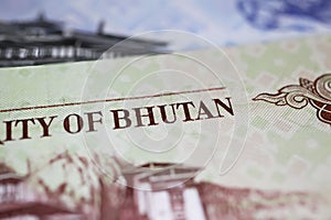 Closeup of old Bhutan bank currency banknote