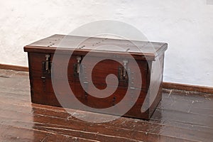 Closeup of an old big wooden trunk chest