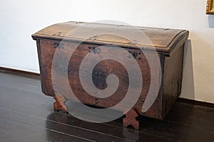 Closeup of an old big wooden trunk chest