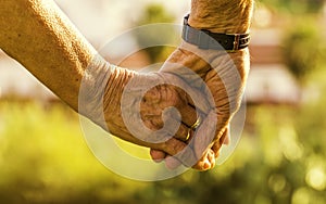 Closeup of an old couple holding hands under the sunlight with a blurry background