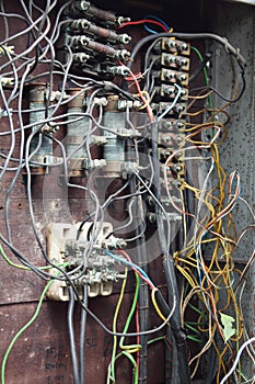 Closeup of old electric box with wiring