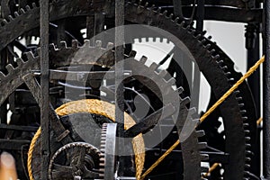 Closeup of old grungy metal heavy machinery gears