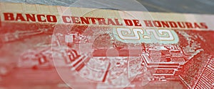 Closeup of old Honduras central bank Lempira currency banknote