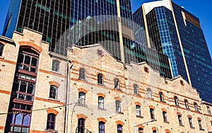 Closeup of old and new buildings in Barangaroo Sydney