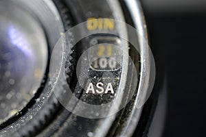 Closeup of old retro film  camera ,details of asa iso indicator