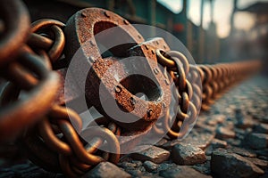 Closeup old rusty industrial metallic chains on the floor