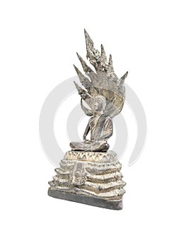 Closeup old silver buddha statue with a naga over his head isolated on white background with clipping path