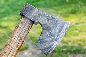 Closeup of an old Splitting maul under sunlight surrounded by greenery with a blurry background