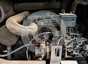 Closeup of the old tractor engine after being used