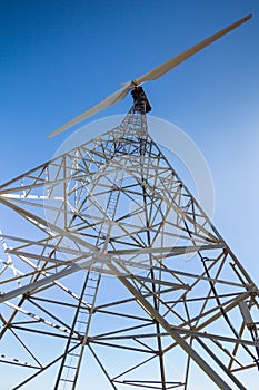 Closeup of a old wind turbine for renewable electric energy prod