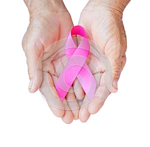 Closeup Old woman hand holding pink ribbon on white background ,