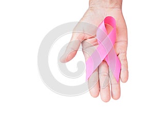 Closeup Old woman hand holding pink ribbon on white background ,