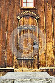 Closeup of old wooden church entrance