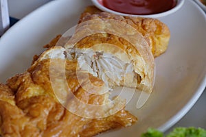 Omelette crab on white dish