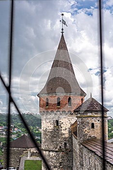 Closeup of one of the 12 towers of Kamianets-Podilskyi Castle, Ukraine.