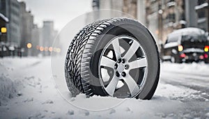 Closeup of one brand new car tire on a snowy winter road displayed