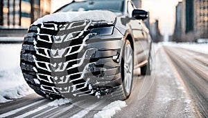 Closeup of one brand new car tire on a snowy winter road displayed