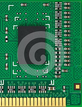 Closeup one chip with space for text on green PCB