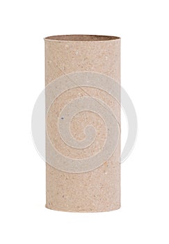 Closeup of one empty cardboard toilet roll, isolated on white background