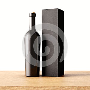 Dettagliato uno non trasparente grigio bicchiere una bottiglia da vino sul di legno scrivania bianco parete. vuoto bicchiere contenitore 