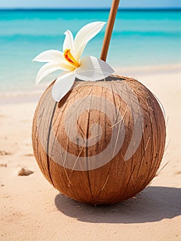 closeup of one open coconut drink decorated with frangipani flower on beach in sea island on summer vacation.