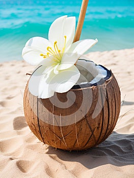 closeup of one open coconut drink decorated with frangipani flower and drinking strew on beach in sea island on summer vacation.