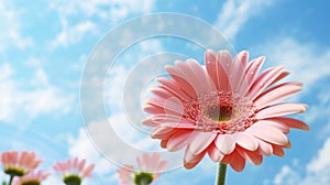 Closeup of one pink blooming Gerbera flower with blue sky as background. Generative AI