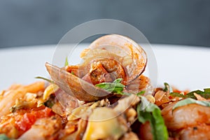 closeup of open clam, fruite de mar, seafood pasta