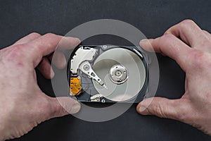 Closeup of an open computer hard drive