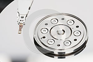 Closeup of an open computer hard drive