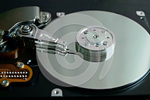 Closeup of an open computer hard drive