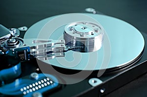 Closeup of an open computer hard drive