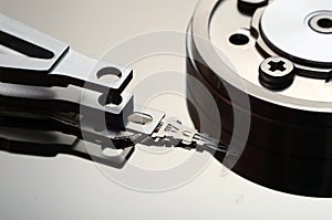 Closeup of an open computer hard drive