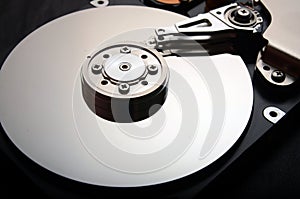 Closeup of an open computer hard drive