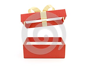 closeup open and empty red gift box with golden ribbon bow (lid is floating in the air) isolated on white background