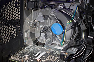 Closeup open inside computer tower case hardware