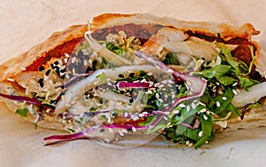 Closeup of open shaurma sandwich