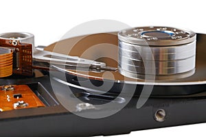 Closeup of an opened hard disk drive (HDD)